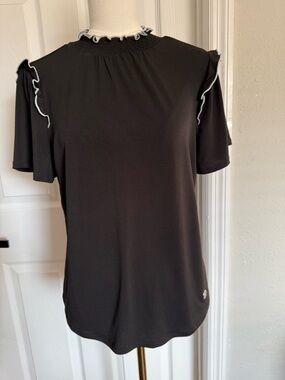 Adrienne Vittadini Black Short Sleeve Top with White Ruffle Trim